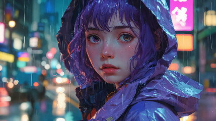 A stunning girl with violet hair and cape in the rain Generative Ai