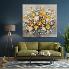 Abstract flowers Painting , wall art poster with blue living room background with sofa, 3d illustration ,modern living room decoration, wooden decoration.