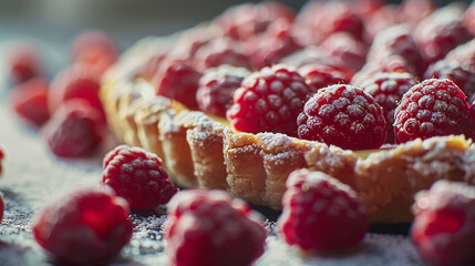 Bakewell Tart crust with powdered white sugar and scattering of fresh raspberries. Close-up Shot.  - Powered by Adobe