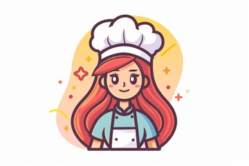 Obraz premium Lively cartoon drawing of a woman chef with a warm smile, dressed in a chef's hat and apron, exuding positivity and charisma