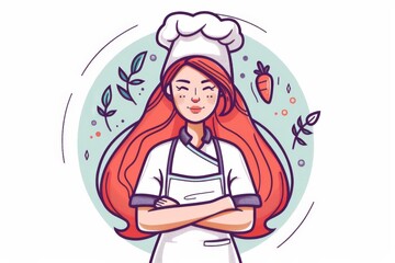 Vibrant illustration of a content female chef, sporting a chef's hat, with playful carrot and herb motifs in the background
