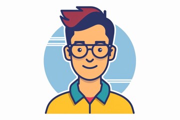 Colorful, trendy avatar of a young adult with glasses, showcasing a hip hairstyle and casual polo shirt in a flat design style