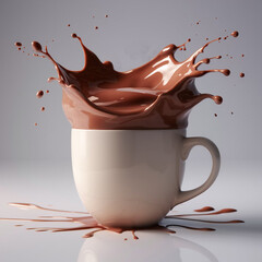 A stunning 3D render illustration of a freshly splashed hot chocolate in a mug, set against a pristine white background. AI generated.