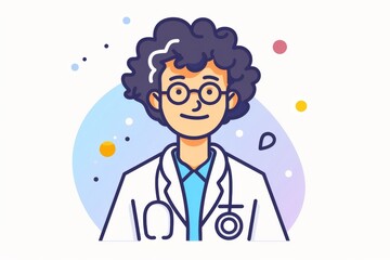 Cartoon doctor with curly hair, stethoscope, lab coat, and colorful abstract shapes in illustration