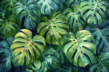 Obraz premium Close up of watercolor illustration of beautiful Monstera deliciosa leaves