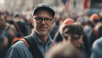 portrait of American worker making among crowded demonstrators at times square, copy space for a text

