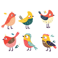 Colorful cartoon birds, cute bird characters illustrated, whimsical design. Birds singing, playful bird artwork, vibrant feathers illustration. Cartoon collection, adorable, cheerful