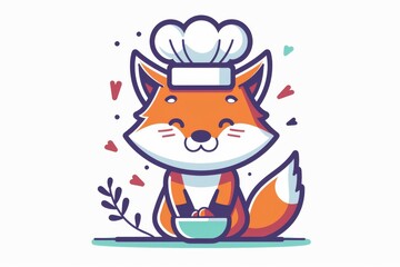 Charming cartoon fox chef with a sweet smile, donning a chef's hat and holding a bowl, set against a simple backdrop