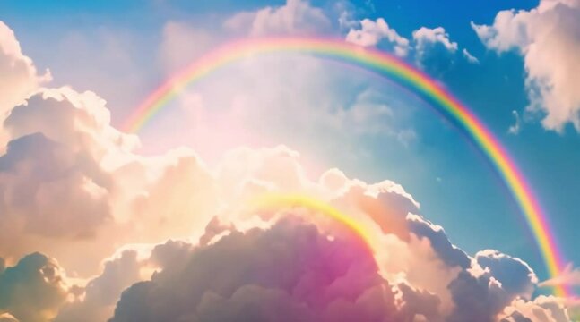 Magical rainbow and dluffy clouds background backsrop for a fairytale storybook animated painting timelapse style blue sky heavenly backdrop animation calming