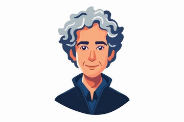 Vibrant illustrated portrait of a happy senior man with curly gray hair and a welcoming smile