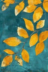 Golden leaves painting with bright yellow and teal blue background, artistic nature background