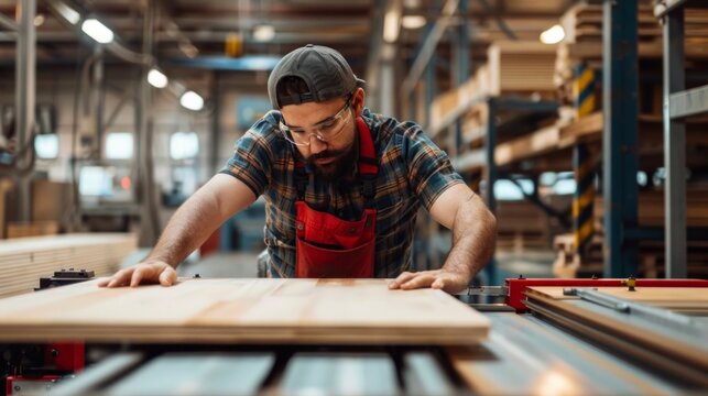 Young carpenter working on woodworking machines in the furniture factory