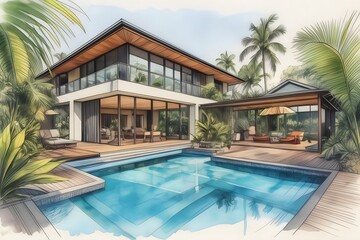 Fototapeta premium Modern Far North Queensland home, sleek design, large pool, lush garden. Open spaces, clean lines, natural light, sustainable.