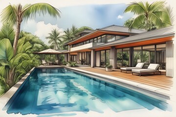 Fototapeta premium Modern Far North Queensland home, sleek design, large pool, lush garden. Open spaces, clean lines, natural light, sustainable.