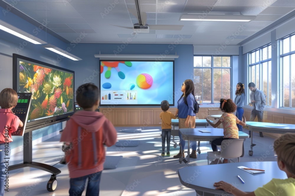 Poster portrait of teacher teaching about ai at digital classroom. multicultural elementary student learnin