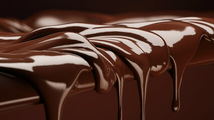 A delectable close-up of molten chocolate slowly dripping and flowing over a rich, dark brown...