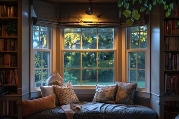 Inviting reading space with pillows and throw blanket by a large window overlooking a garden at dusk, exuding warmth and tranquility