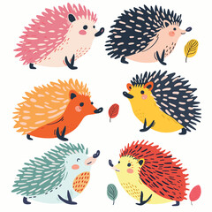 Six cute cartoon hedgehogs different colors autumn leaves. Vibrant playful illustration featuring character hedgehogs, kids friendly design. Whimsical collection hedgehog illustrations, various