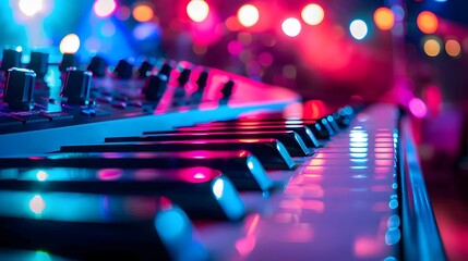 Piano keyboard with colorful neon lighting, world music day concept. seamless looping 4k time-lapse video background
