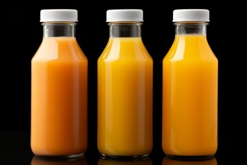 Three bottles of orange juice on a black background.