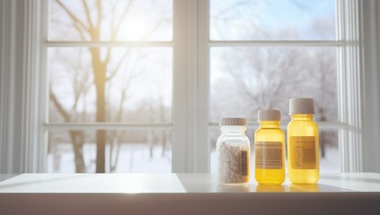 Three medicine bottles on a table in front of a window, providing treatment and relief for various ailments.