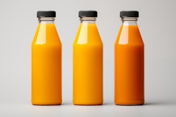 Three orange juice bottles with black caps on a white background.