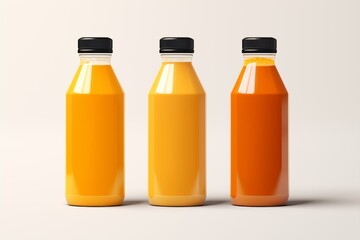Three orange juice bottles on white background.