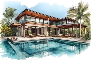 Obraz premium Modern Far North Queensland home, sleek design, large pool, lush garden. Open spaces, clean lines, natural light, sustainable.