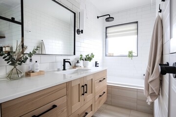 Fresh and elegant bathroom design with white subway tiles, wooden vanity, rain showerhead, and green plants for a touch of nature