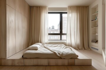Minimalist and cozy bedroom with a low bed, wooden floors, beige curtains, and a sunny city view from large windows
