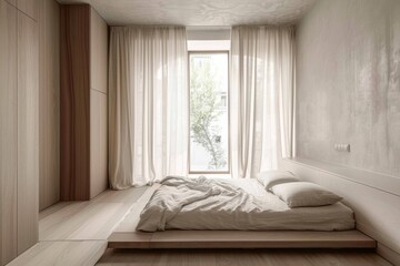 Modern minimalist bedroom with a low bed, wooden details, sheer drapes, and plenty of natural light pouring in through a spacious window