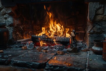 Fire Burning Inside Stone Fireplace