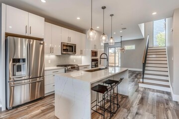 Bright and spacious modern kitchen design featuring stainless steel appliances, white cabinets, a kitchen island, and elegant pendant lighting