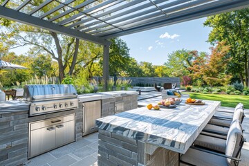 Luxurious outdoor kitchen setup on a patio with a stylish pergola, stainless steel appliances, and seating in a landscaped garden