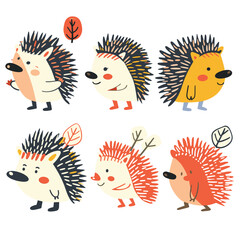 Cute cartoon hedgehogs, colorful, various poses, leaves, smiling, kids, playful. Set six animated hedgehogs, cheerful expressions, autumn theme, childrens book Vector adorable characters orange