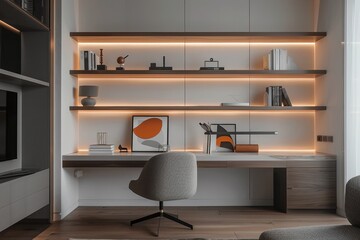 Cozy and stylish home office interior with elegant furniture, illuminated by soft, warm led lights,...