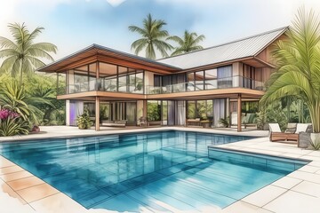 Modern Far North Queensland home, sleek design, large pool, lush garden. Open spaces, clean lines, natural light, sustainable.