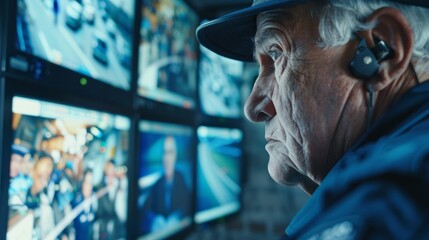 Portrait of Serious Professional Technical security Controller wearing uniform Sitting at His Desk with Multiple Computer Displays Before Him.