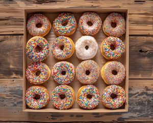A box full of sprinkles donuts on a rustic wooden table. Overhead Shot. 