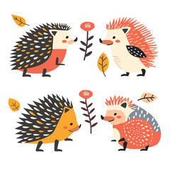 Four cute cartoon hedgehogs illustrated various poses autumn leaves flowers. Colorful childrens book illustration featuring playful hedgehogs. Graphic design showcasing different hedgehog