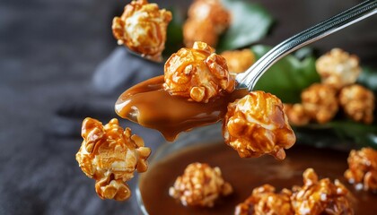 Visually striking shot of caramel popcorn caught in mid-air, symbolizing fun and lightness