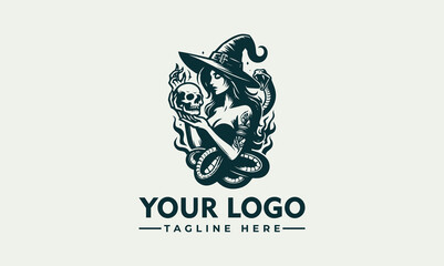 woman witch vector logo beauty woman with a skull and snake vector logo woman witch with a skull in her hand. She is wrapped around by a large snake