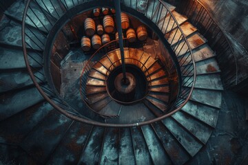 Spiral Staircase Filled With Barrels