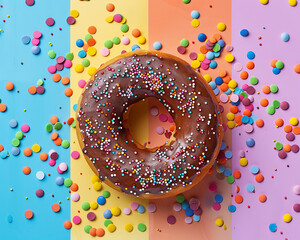 Chocolate frosted donut with rainbow sprinkles placed on a colorful pop art backdrop. Overhead Shot. 
