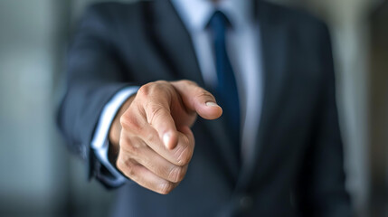 Close-up of a businessman in suit pointing directly at the camera with focus on hand.
