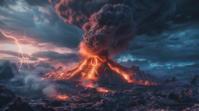 A dramatic volcanic eruption with lightning strikes, showcasing nature's powerful forces through a large ash plume, flowing lava, and a charged atmosphere.