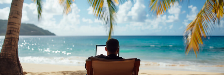 Person relaxing on a beach chair laptop open