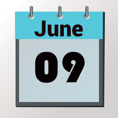 vector calendar page with date June 9, light colors