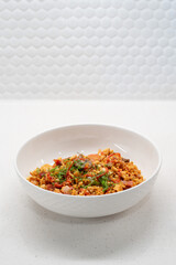 Sunrise Splendor: Bacon Beef Egg and Rice Veggie Breakfast Plate with Mushrooms and Dill Garnish - Side View