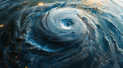 A satellite view of a massive hurricane with swirling clouds over the ocean, with city lights visible on the nearby landmass indicating nighttime. - obrazy, fototapety, plakaty